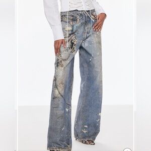 INNOVARE DENIM Birdie Print Barrel Jeans Chain Print Wide Leg Size Small